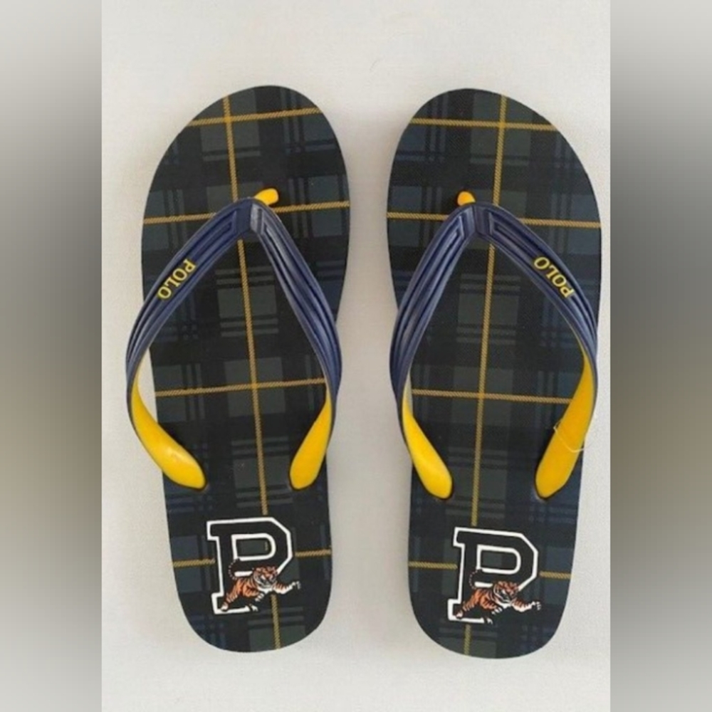 NWT Polo Ralph Lauren Tartan Plaid Varsity Tiger flip flop sandal shoes …